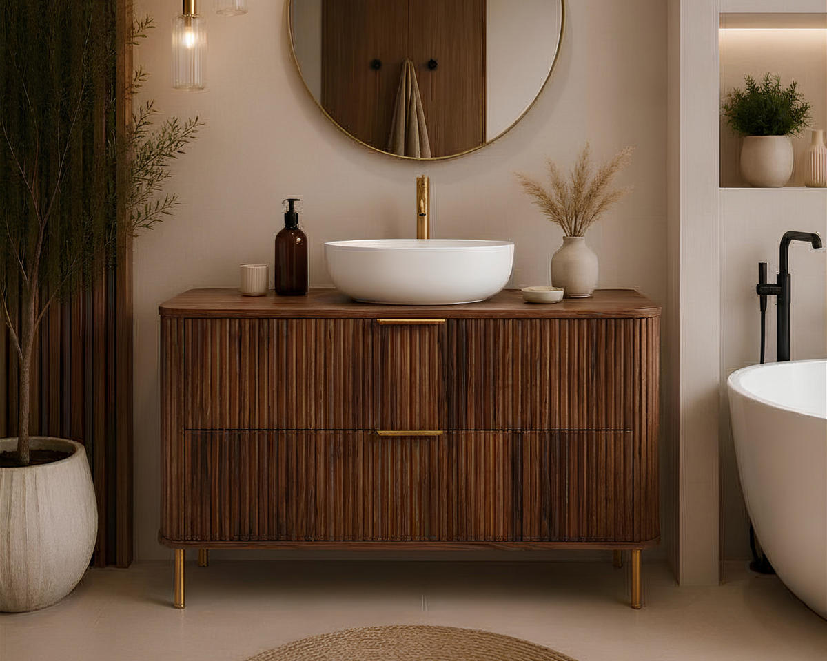 BADEZIMMERSCHRANK : Farbe Eiche-Nussbaum, Griff gold, Füße gold, 120 x 41,5 x 66,7 cm - Goldfarben/Braun, Holzwerkstoff (120/66.7/41.5cm) - 3XE LIVING