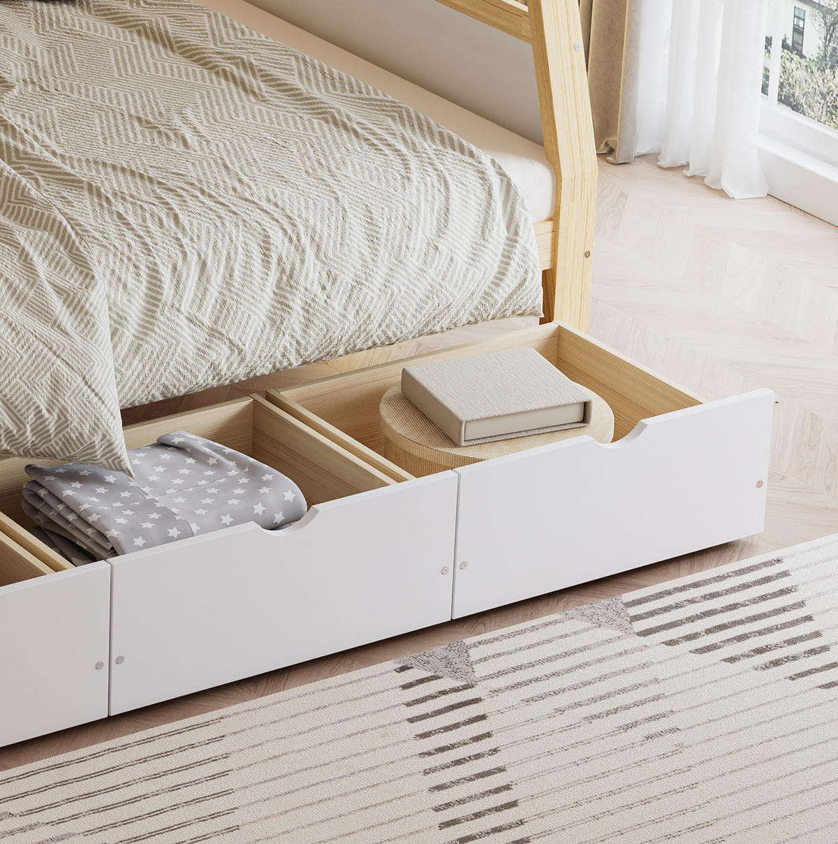 POSCHODOVÁ posteľ 90/200 a 120/200 cm biela/prírodná s úložnými zásuvkami a stojanom na knihy z borovice a MDF - biela, drevo (90/200cm) - OKWISH