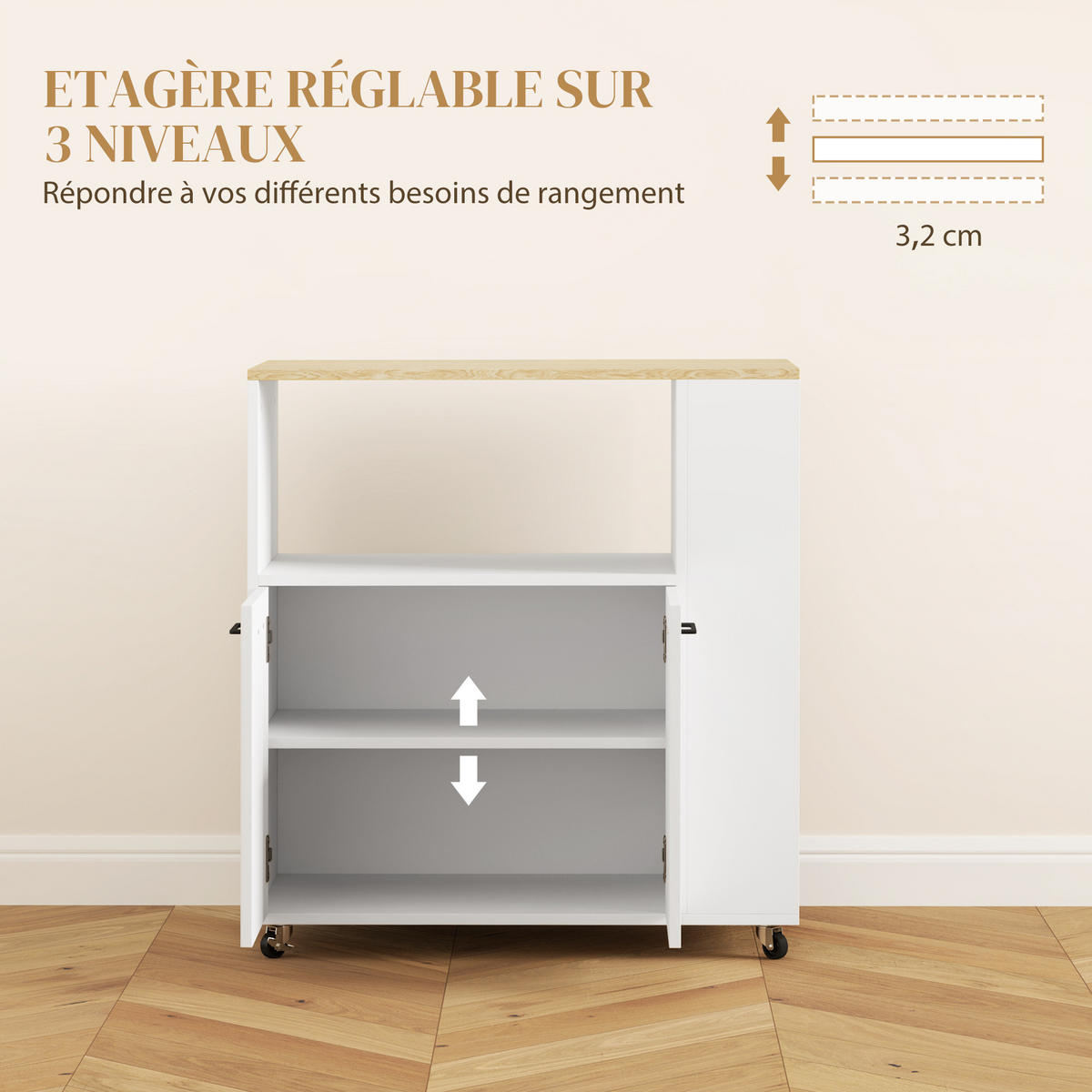 KÜCHENWAGEN DE-17149 mit verstellbarem Regal & Gewürzablagen Weiß - Weiß, Holzwerkstoff (40/80.5/75cm) - ComfortXL