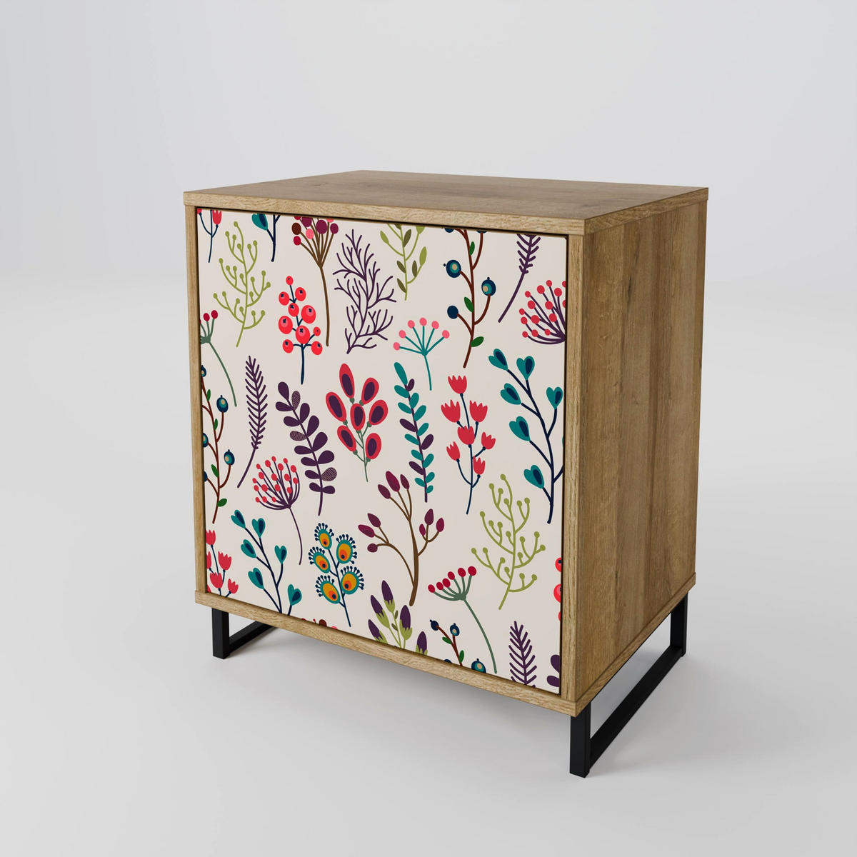 SIDEBOARD AUTUMN SUNDRIES, Eichefarben, 57,5x42x70,5 cm, Schwarze Metall-Sternfüße - Eichefarben/Multicolor, Holzwerkstoff/Metall (57.5/70.5/42cm) - SpaceRebels