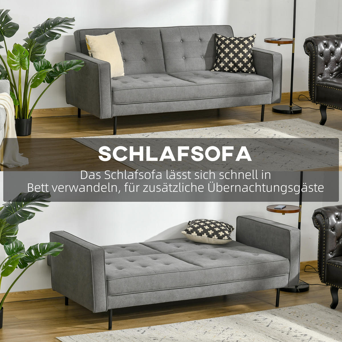 SCHLAFSOFA Baumwollstoff Eukalyptus Grau - Grau, Textil (91/85/187cm) - HOMCOM