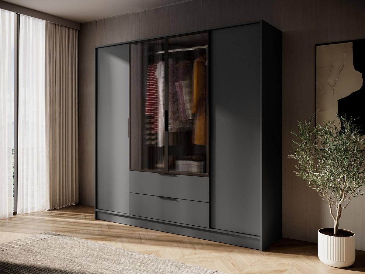 DREHTÜRENSCHRANK - Sevia Graphit – mit Vitrine in der Mitte - Graphitfarben, Holzwerkstoff (206/200/51cm) - Möblo