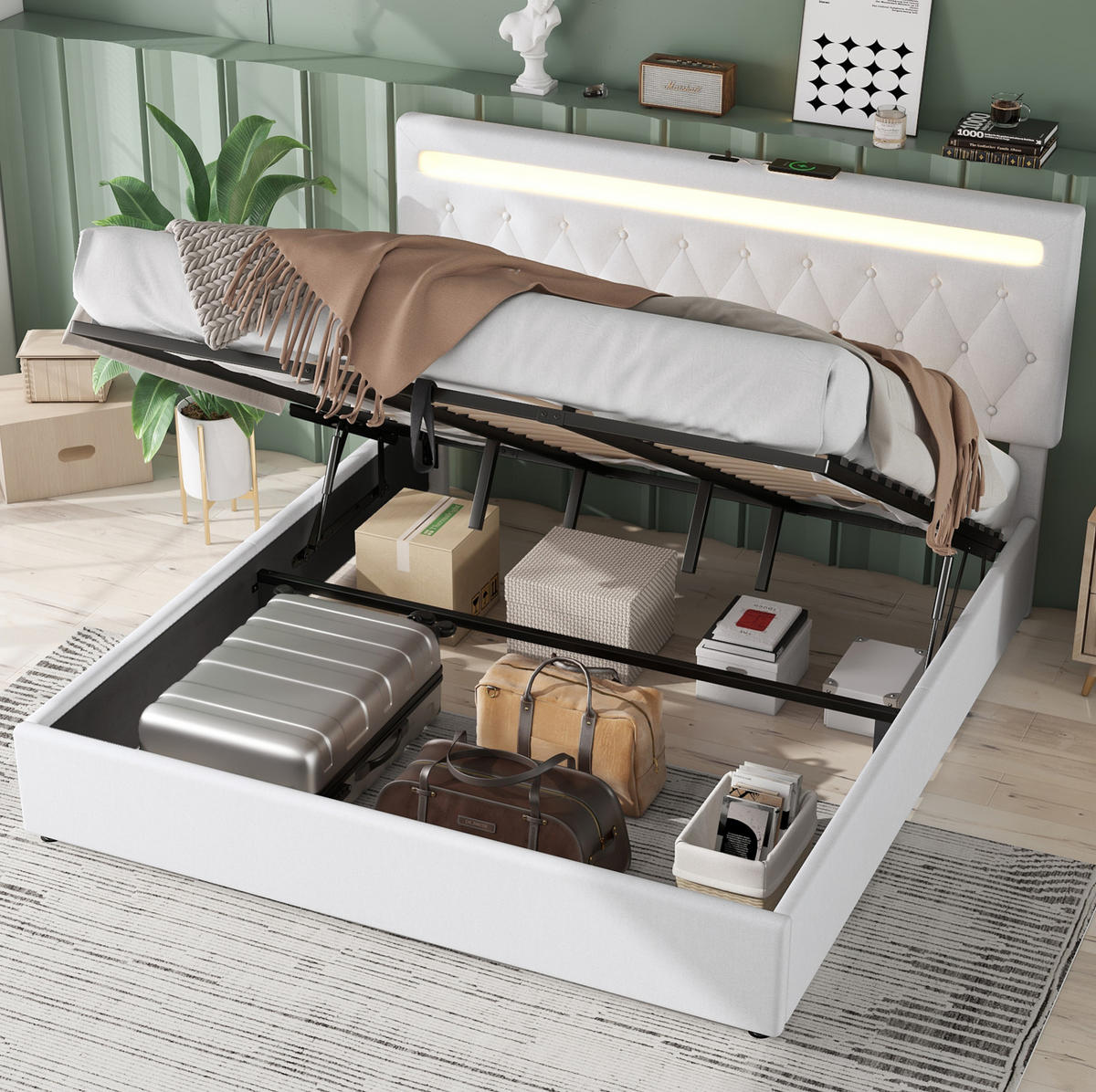 POLSTERBETT 180/200 cm Weiß aus Leinen mit Bettkasten und USB-Anschluss - Weiß, Textil (180/200cm) - OKMYHOME
