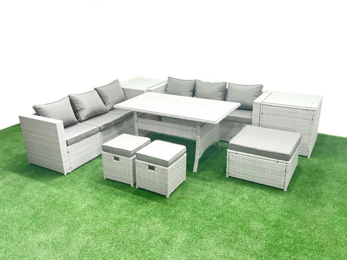 GARTENMÖBEL SET mit Esstisch,3 Hockern,2 Beistelltischen Polyrattan Hellgrau 9-Sitzer - Hellgrau/Grau, Glas/Kunststoff - Fimous