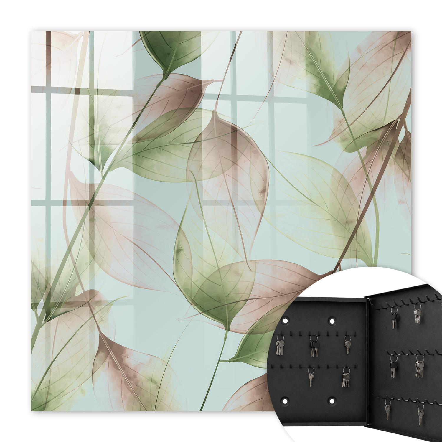 SCHLÜSSELBOX Schwarz 30x30 cm- Türöffnung nach rechts - Blätter der Natur - Grün, Metall (30/30/5cm) - TULUP