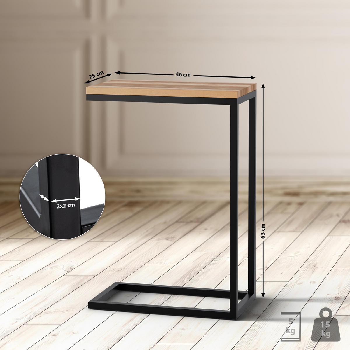 BEISTELLTISCH eckig 46/25/67 cm Holz Eiche - Eichefarben/Schwarz, Holz/Metall (25/46/67cm) - CLP
