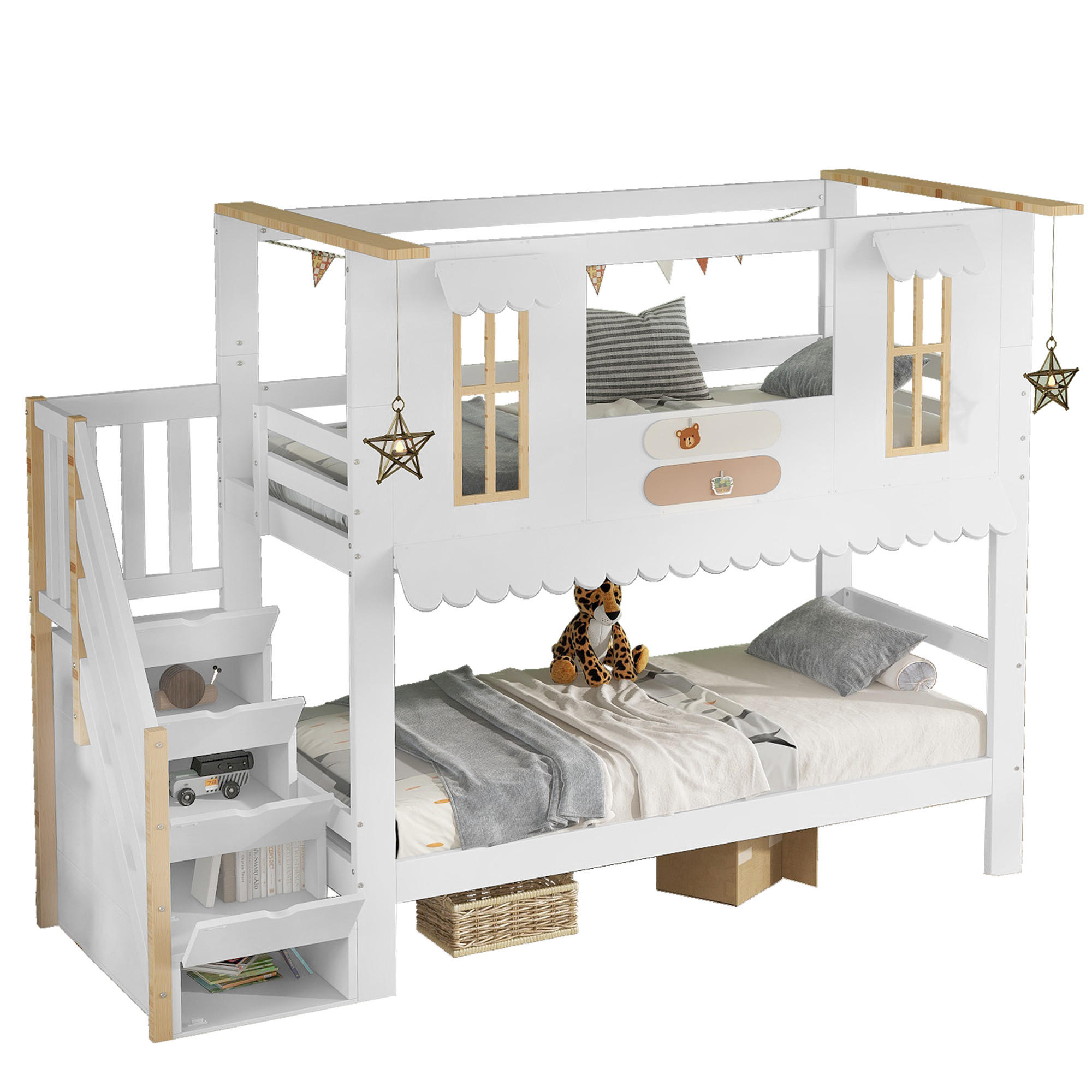 CHICFURN PATROVÁ POSTEL 90/200 cm v bílé a přírodní barvě s úložnými schody