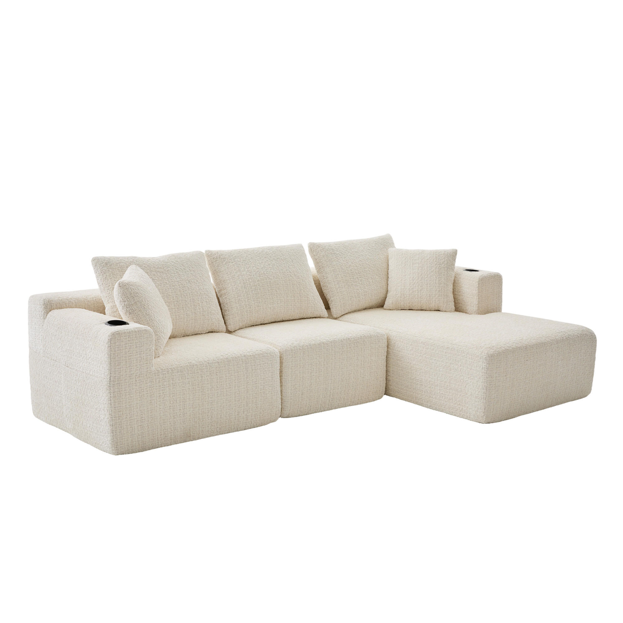 ECKSOFA Chenille Beige mit Seitentaschen - Beige, Textil (261/164cm) - WISHDOR
