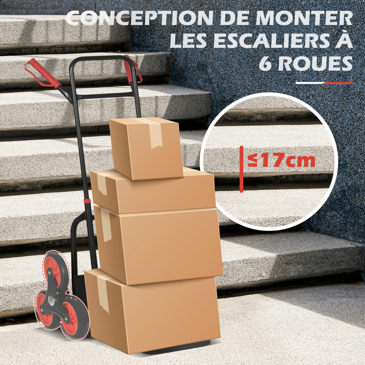 TREPPENSACKKARREN DE-18135 klappbar, 120 kg, 6-Rollen Rot - Rot, Metall (44/38/106.5cm) - ComfortXL