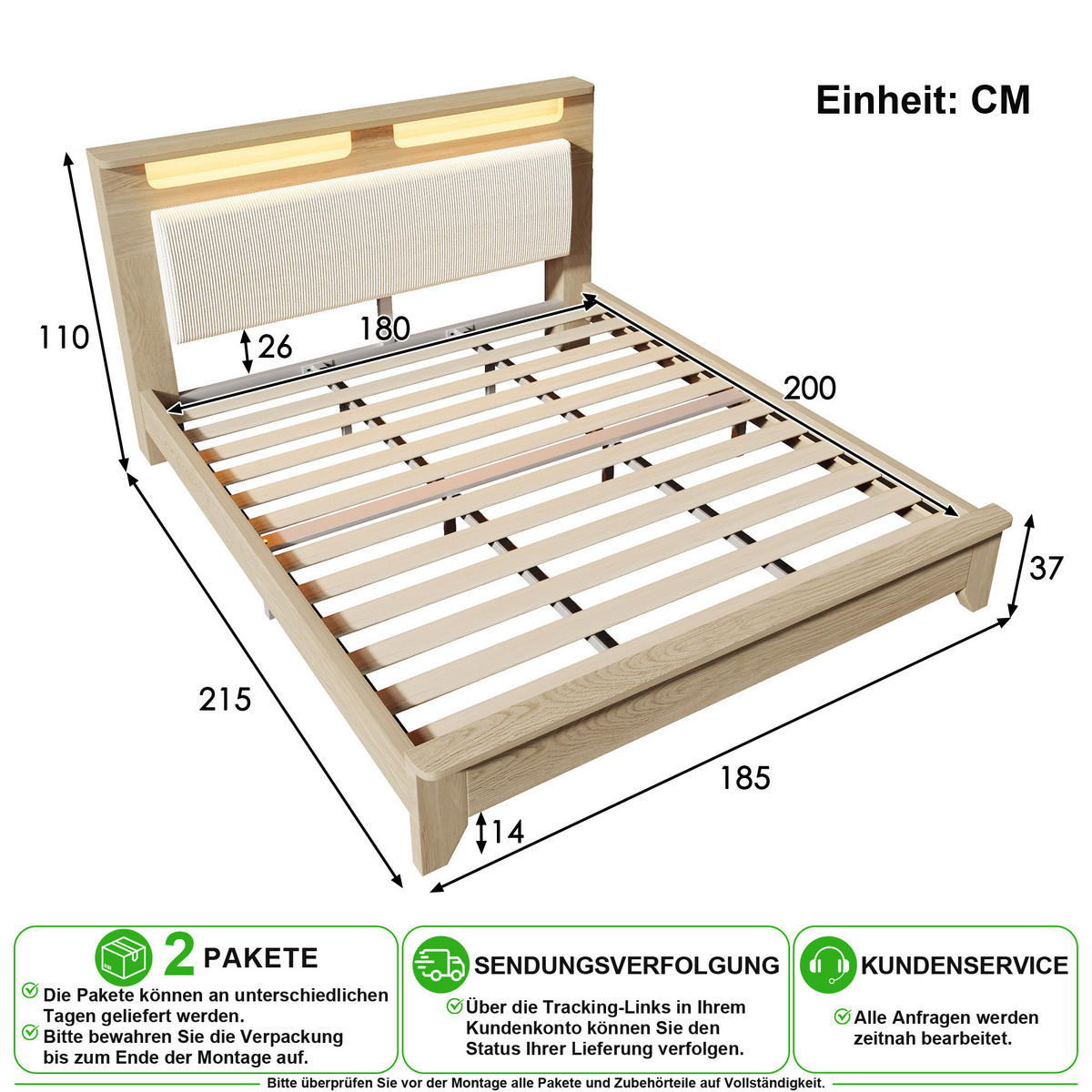 POLSTERBETT 180/200 cm in Beige & Eichefarben mit LED und Regal aus Cord - Beige, Holzwerkstoff/Textil (180/200cm) - CHICFURN