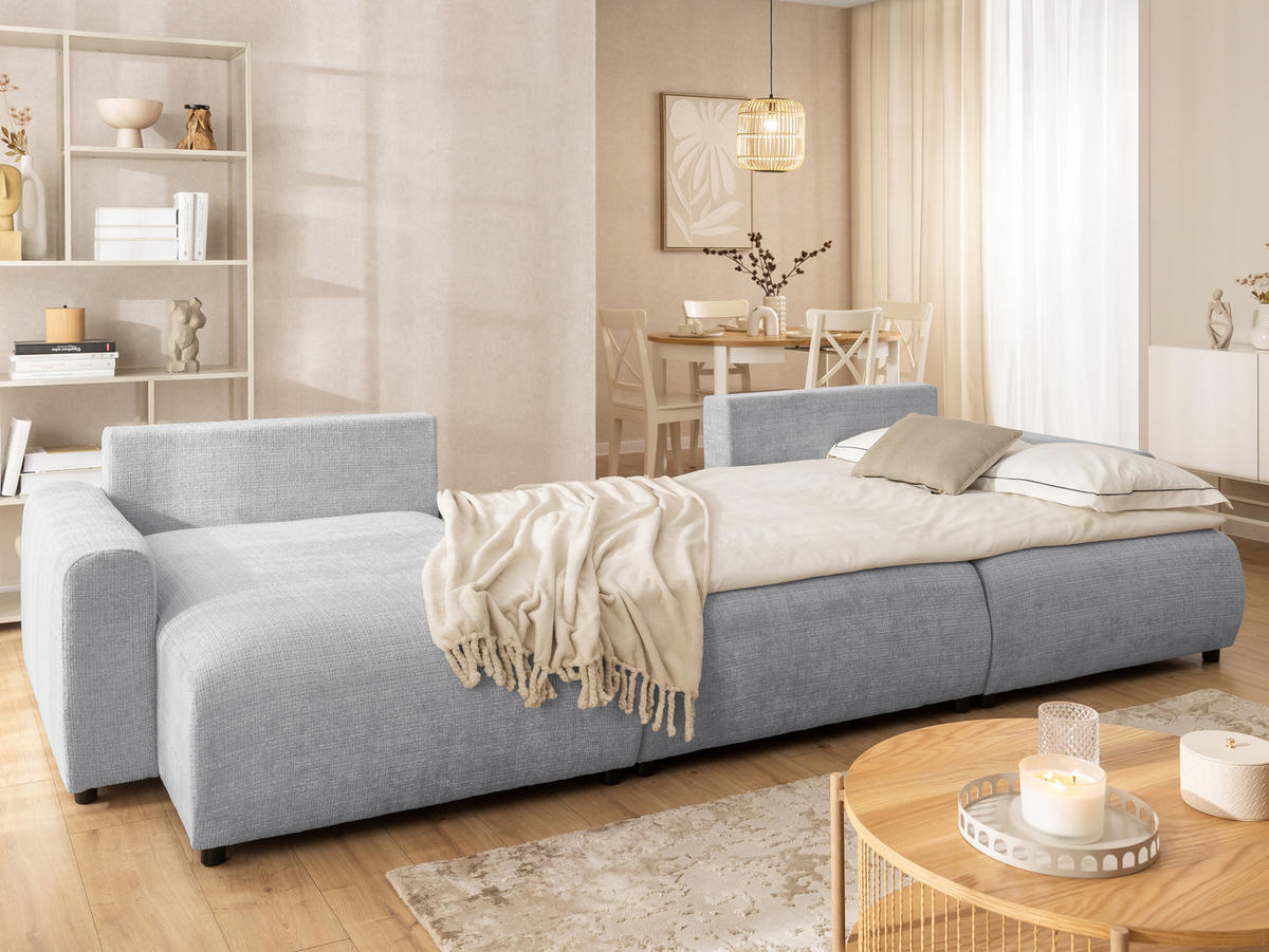 WOHNLANDSCHAFT Calma mit Schlaffunktion und Bettkasten im Bumpy-Design aus weichem Hellgrau Chenille-Stoff - Hellgrau/Schwarz, Holz/Kunststoff (336/88/140cm) - S-Style Möbel