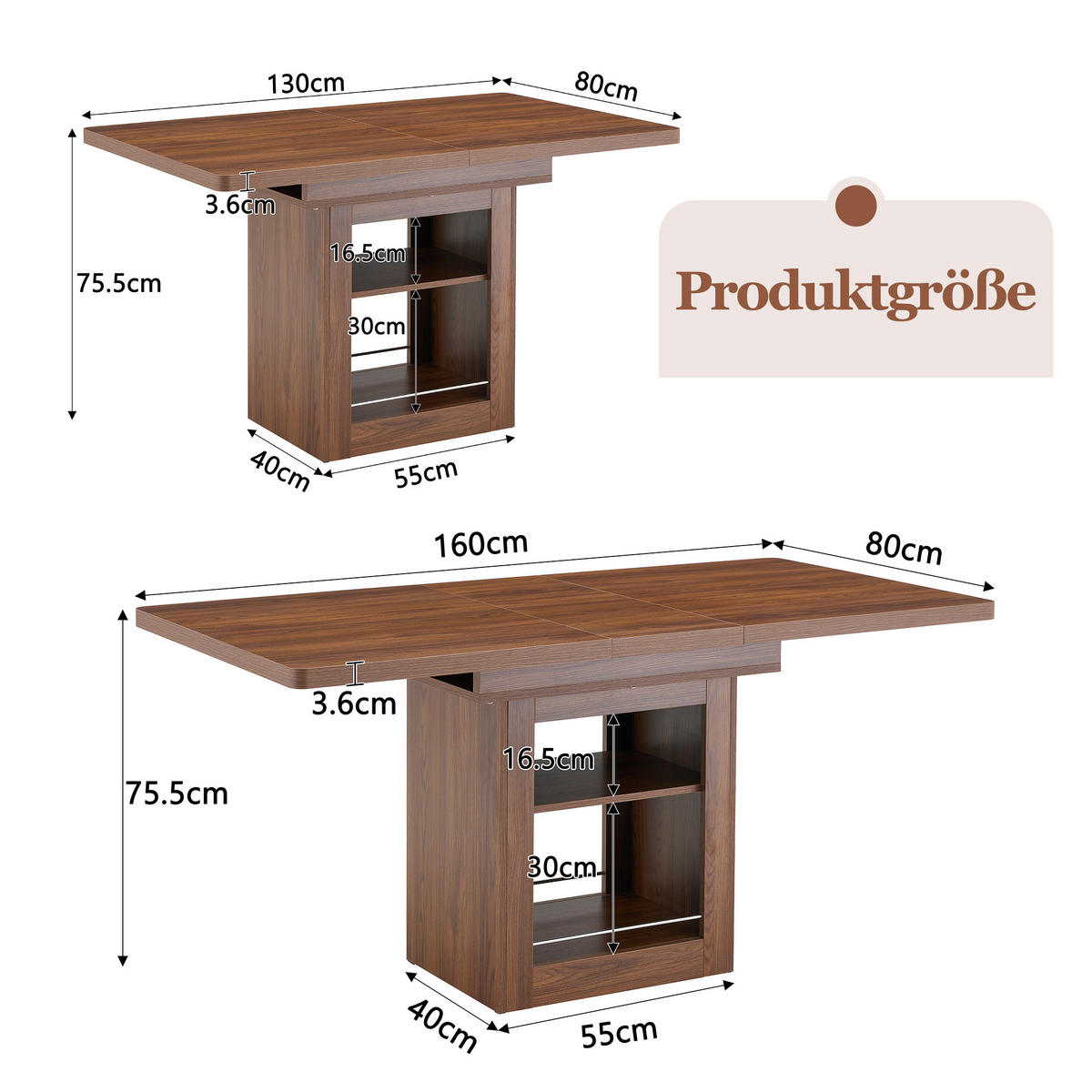 AUSZIEHTISCH Nussbaumfarben mit Ablage - Walnussfarben, Holz (80/130/75.5cm) - PANGIVO