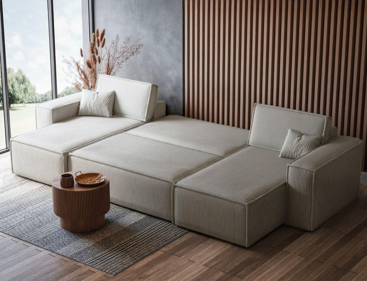 WOHNLANDSCHAFT Scarlo Hellbeige Cordbezug - Ecru/Schwarz, Kunststoff/Textil (244/83/145cm) - Selsey