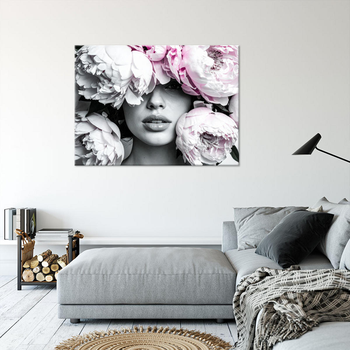 LEINWANDBILD Frau mit Pfingstrosenblüten auf dem Kopf 120x80cm - Grau, Textil (120/80cm) - Feeby