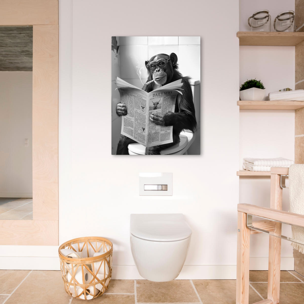 LEINWANDBILD Affe - WC - Zeitung - Schwarz-Weiß - Humor 50x70 cm - Hellgrau, Textil (50/70cm) - MuchoWow