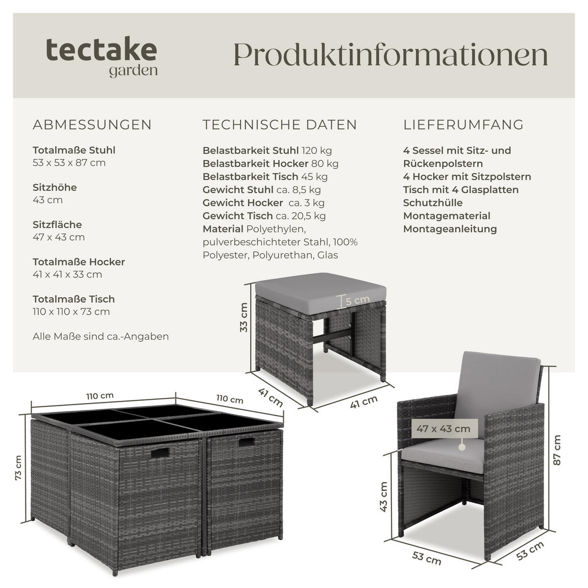 RATTAN SITZGRUPPE Bilbao,zusammenschiebbar, inklusive Schutzhülle,grau - Grau, Kunststoff - tectake