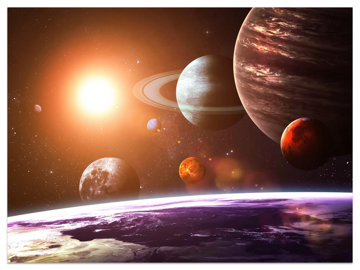 FOTOTAPETE für Büro Sonnensystem Planeten Blick Sterne 350x256 - Gelb/Violett, Papier (350/256cm) - Muralo