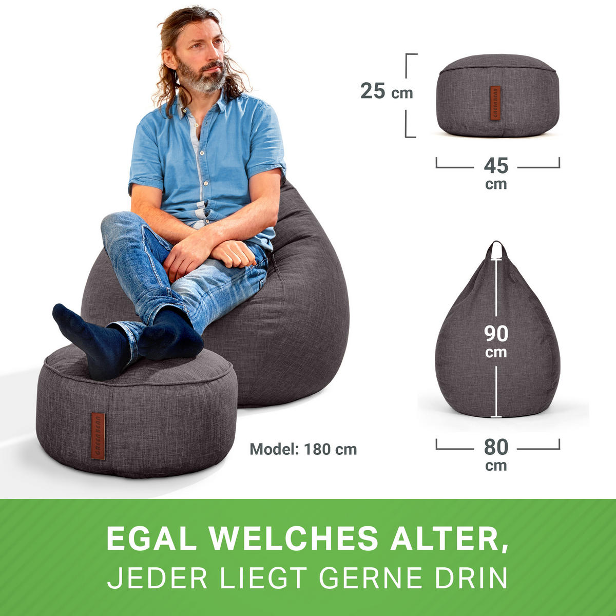 SITZSACK Indoor Set "Home Linen“+Hocker - Dunkelgrau, Textil (80/90/50cm) - Green Bean