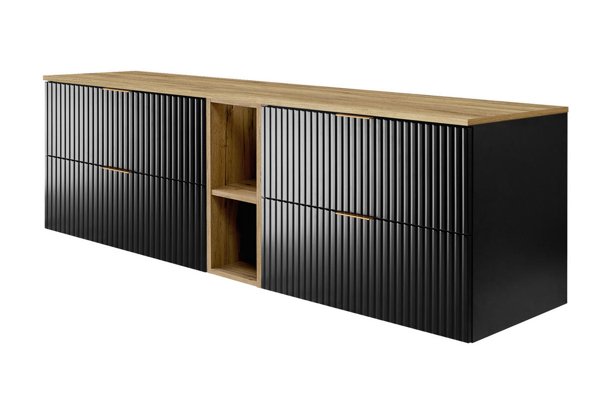 BADEZIMMERSCHRANK, Schwarz / Gold Craft Eiche, Goldene Griffe, 180 x 57 x 46 cm - Schwarz, Holzwerkstoff (180/57/46cm) - 3XE LIVING