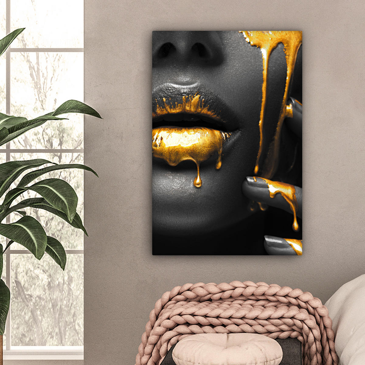 LEINWANDBILD Frau - Schwarz - Gold - Gesicht - Lippen 60x90 cm - Goldfarben, Textil (60/90cm) - MuchoWow