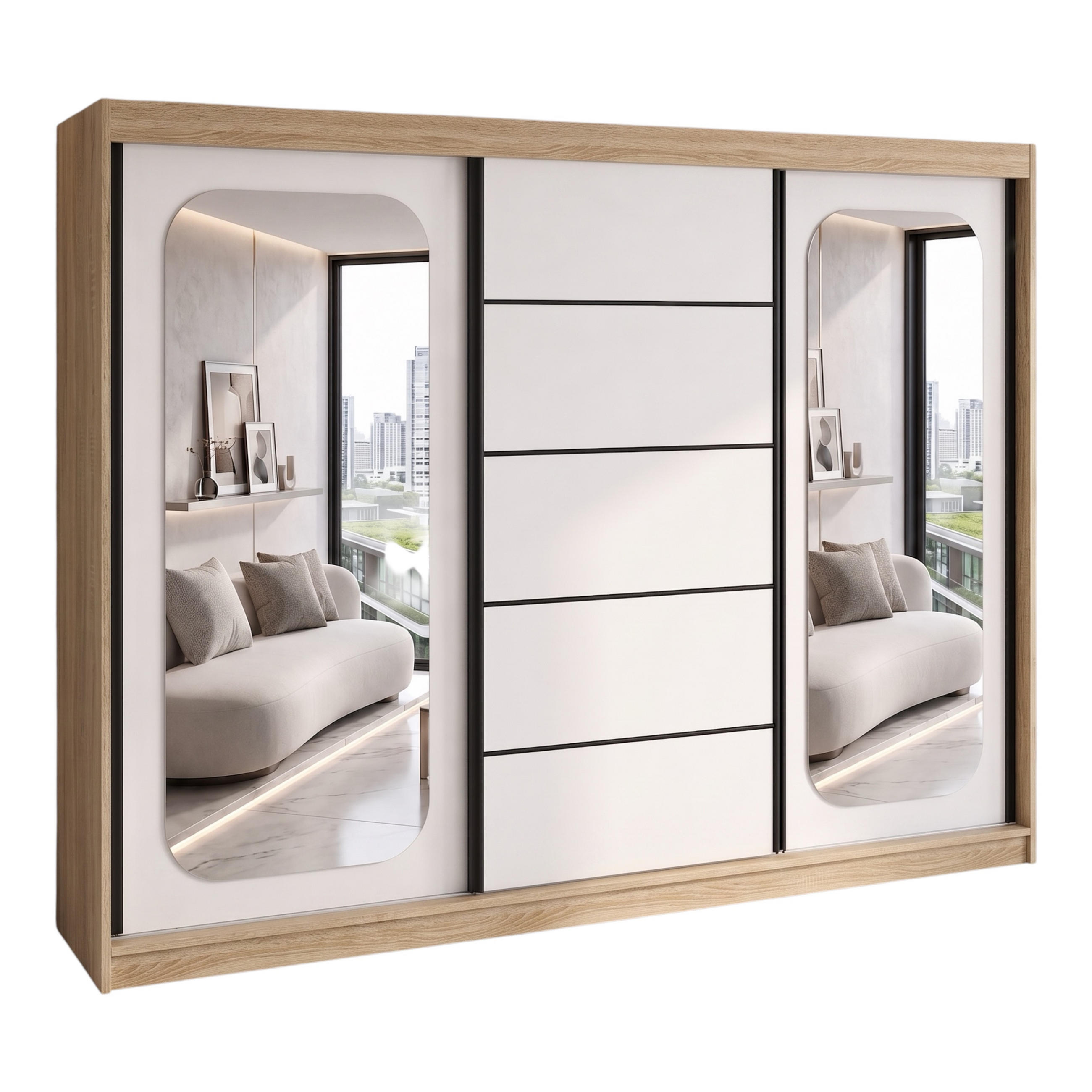 SCHWEBETÜRENSCHRANK BELANO 200 cm. Innenausstattung: Standard - Braun/Weiß, Holzwerkstoff (200/215/59.5cm) - A&J MöbelLand