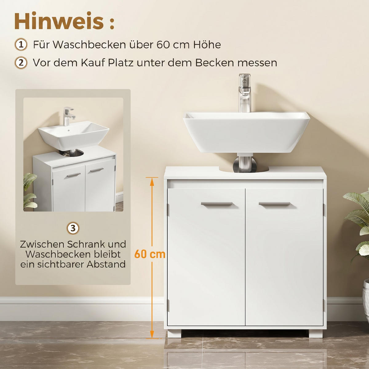 WASCHBECKENUNTERSCHRANK MDF Weiß - Silberfarben/Weiß, Holzwerkstoff/Metall (30/60/60cm) - HOMCOM