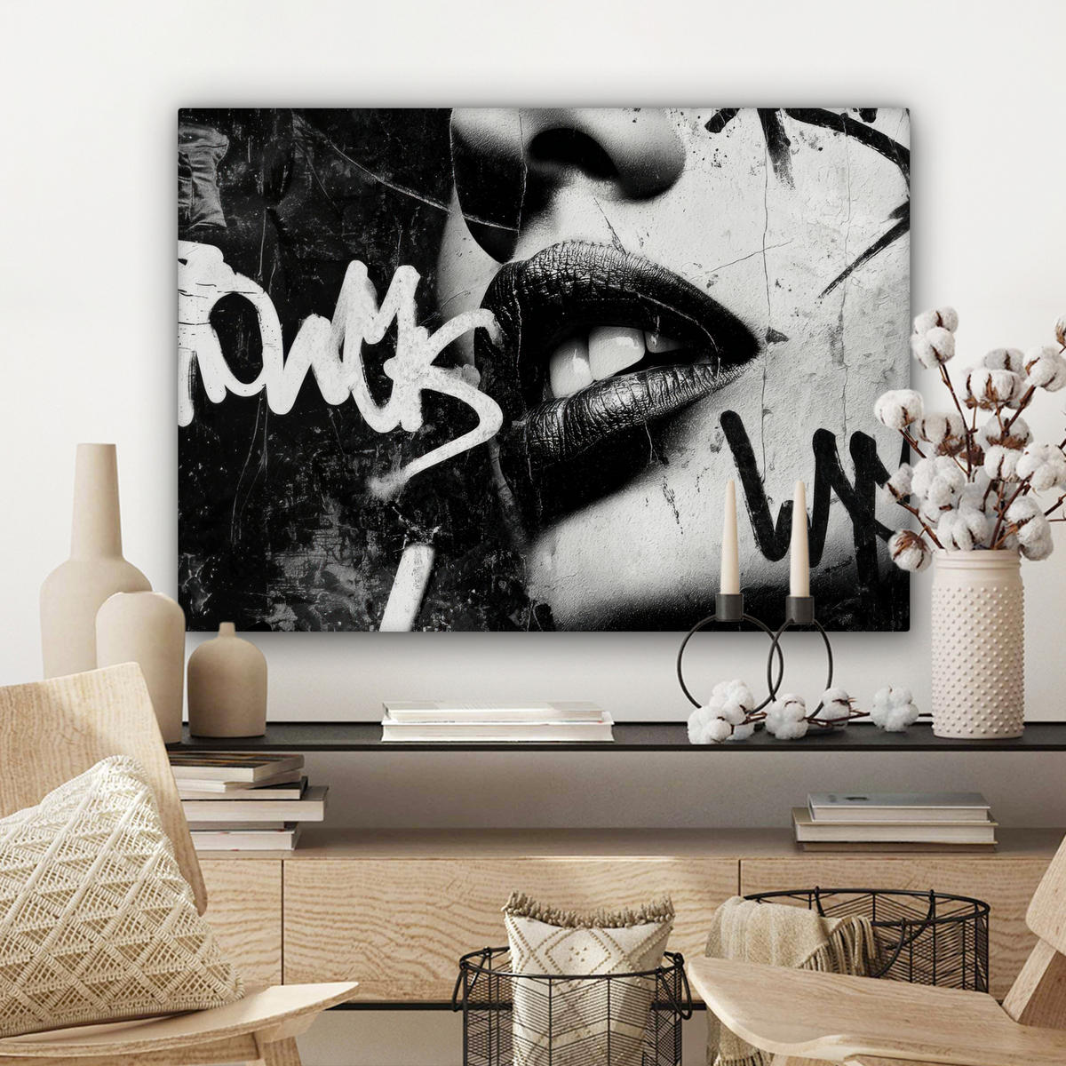 LEINWANDBILD Gesicht - Mund - Graffiti - Schwarz Wandbilder 80x60 cm - Schwarz, Textil (80/60cm) - MuchoWow