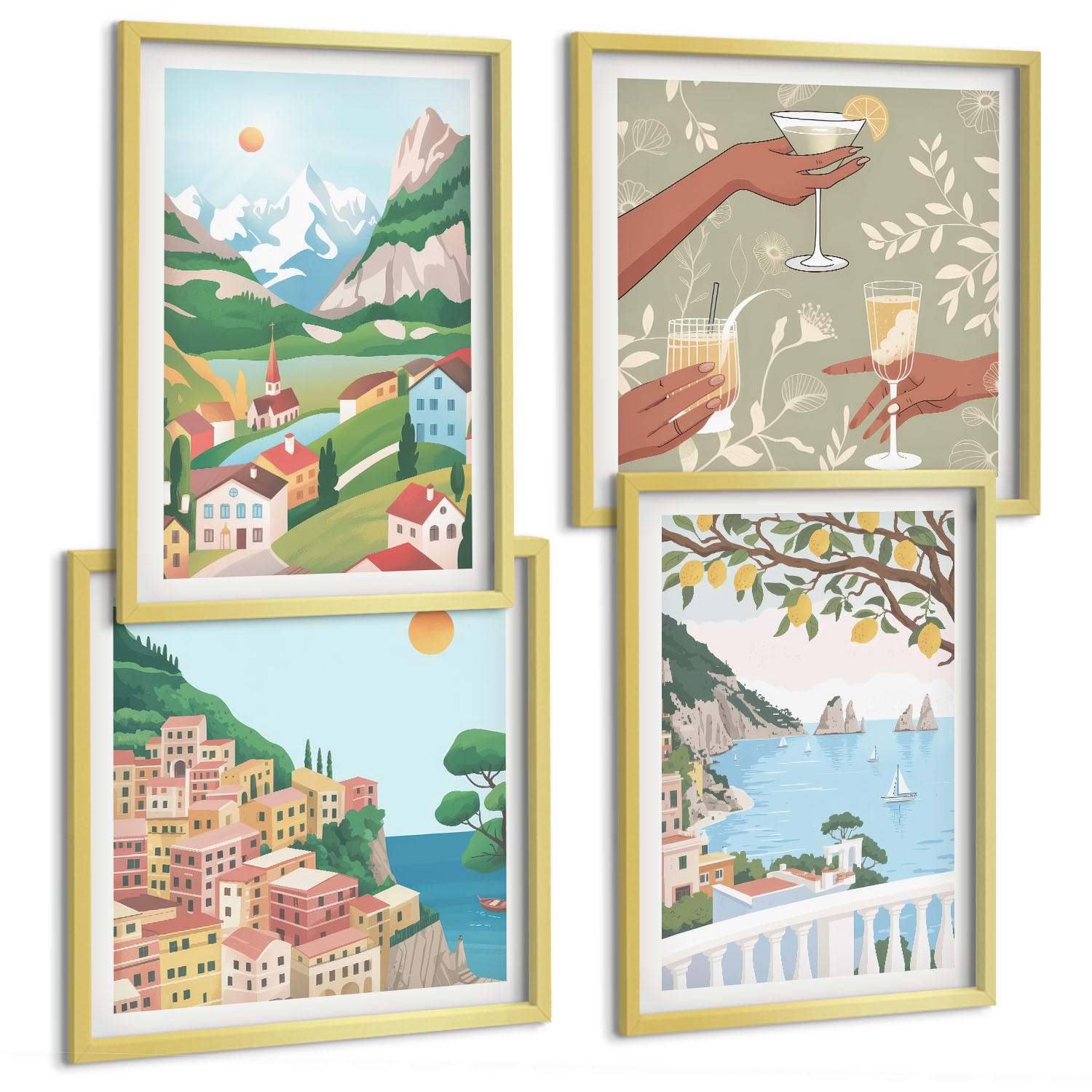 BILDER SET 4er Set - 50x50 cm & 40x60 cm Goldrahmen - Pastellfarbene Küstenhäuser - Goldfarben, Kunststoff (50/50cm) - TULUP