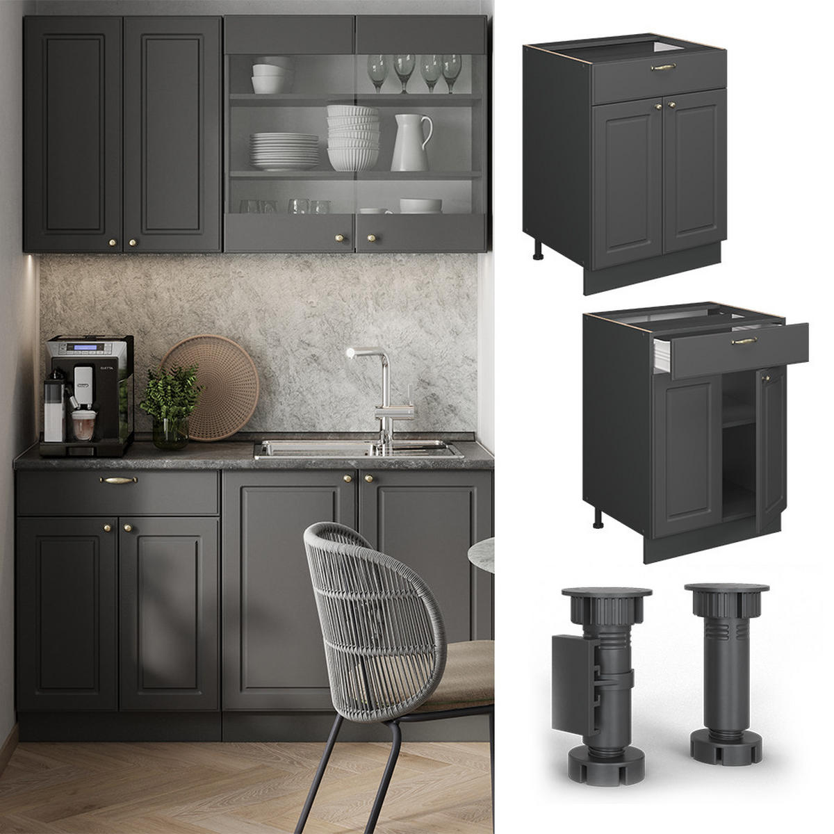 SPODNÍ SKŘÍŇKA KUCHYŇSKÉ LINKY Fame-Line Anthrazit-Gold Landhaus - antracitová, kompozitní dřevo (60/82/51.6cm) - Vicco