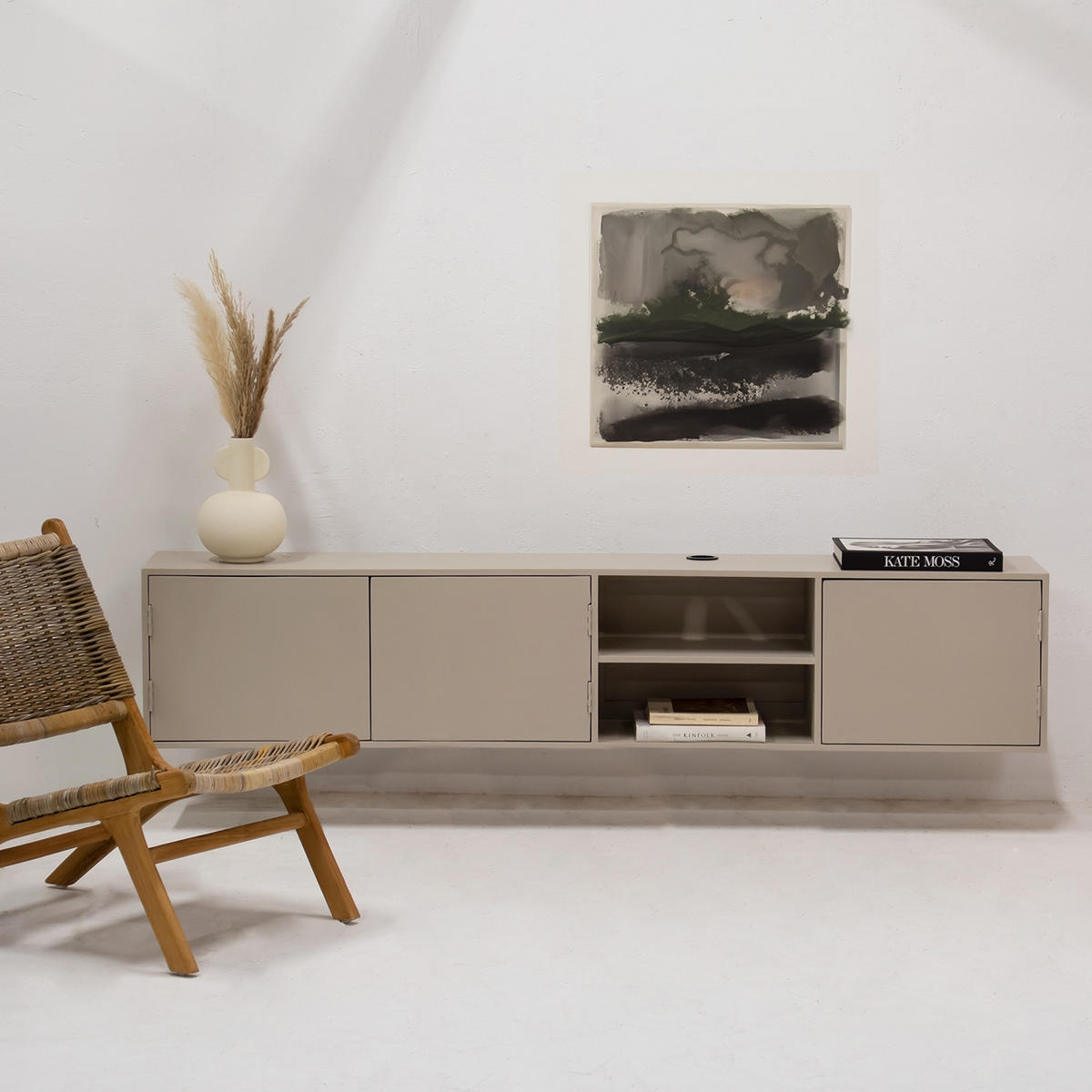 SCHWEBENDES TV-Möbel mit 3-Türen aus Mangoholz 200cm, taupe - Taupe, Holz (200/40/30cm) - Giga Meubel