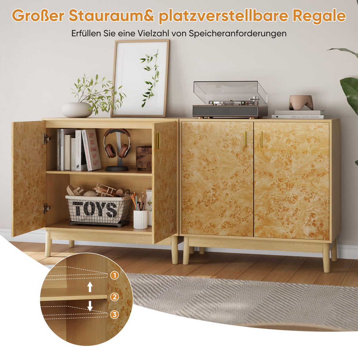 SIDEBOARD Gelb mit Baumknoten-Struktur, goldener Griff, MDF/Holz, verstellbare Einlegeböden, 80/38/77,5 cm, Gelb - Gelb, Holzwerkstoff (80/77.5/38cm) - Redom