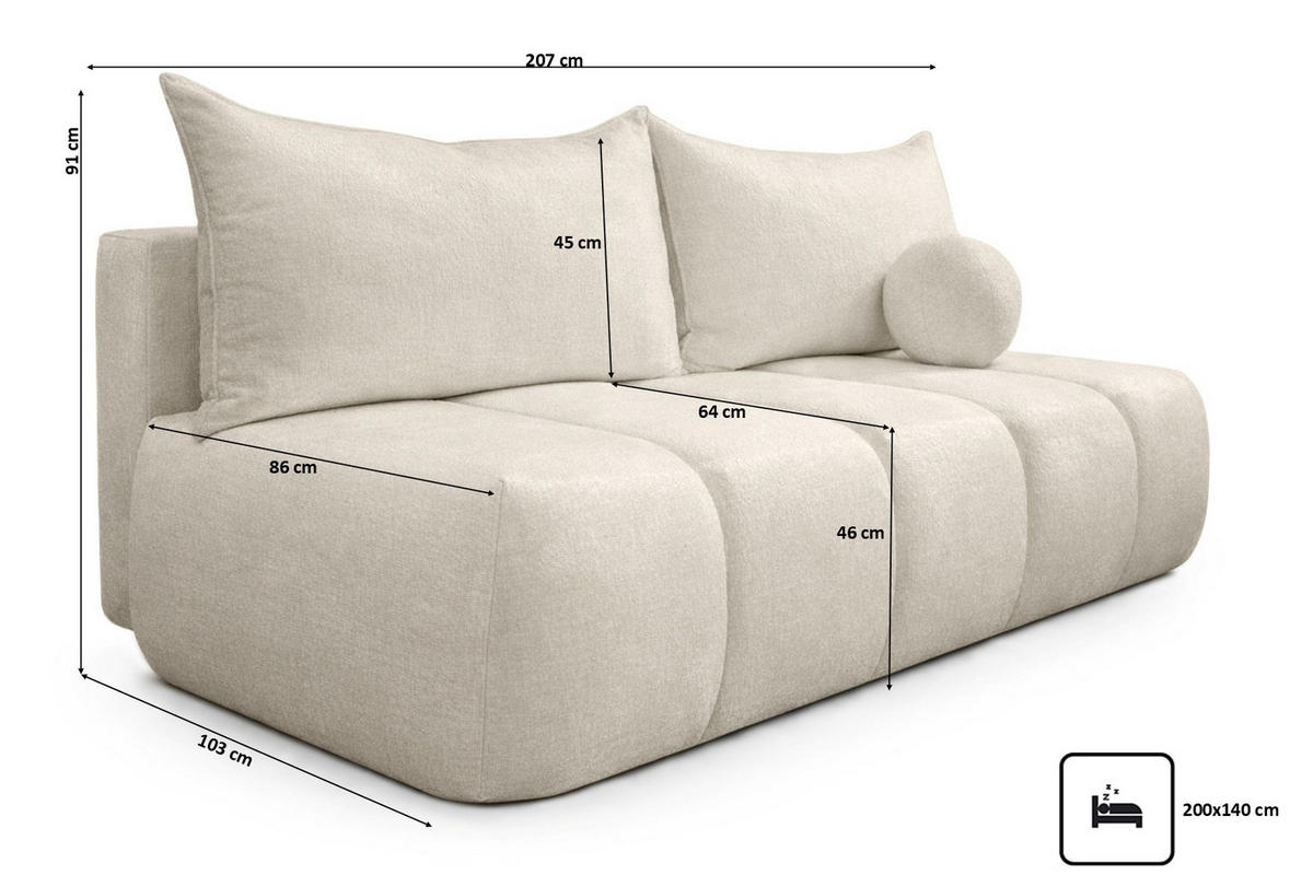 SOFA Mit Schlaffunktion Und Bettkasten, Veloursstoff Monolith, Ecru, PIANO - Ecru, Holz (207/91/103cm) - Kaiser Möbel