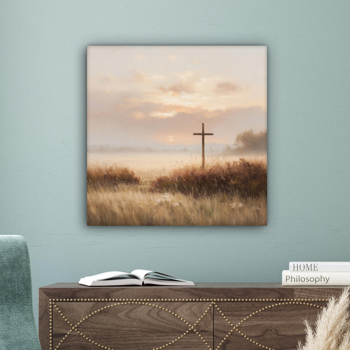 LEINWANDBILD Gras - Morgennebel - Kreuz - Christentum Wandbild Wohnzimmer 50x50 cm - Beige, Textil (50/50cm) - MuchoWow