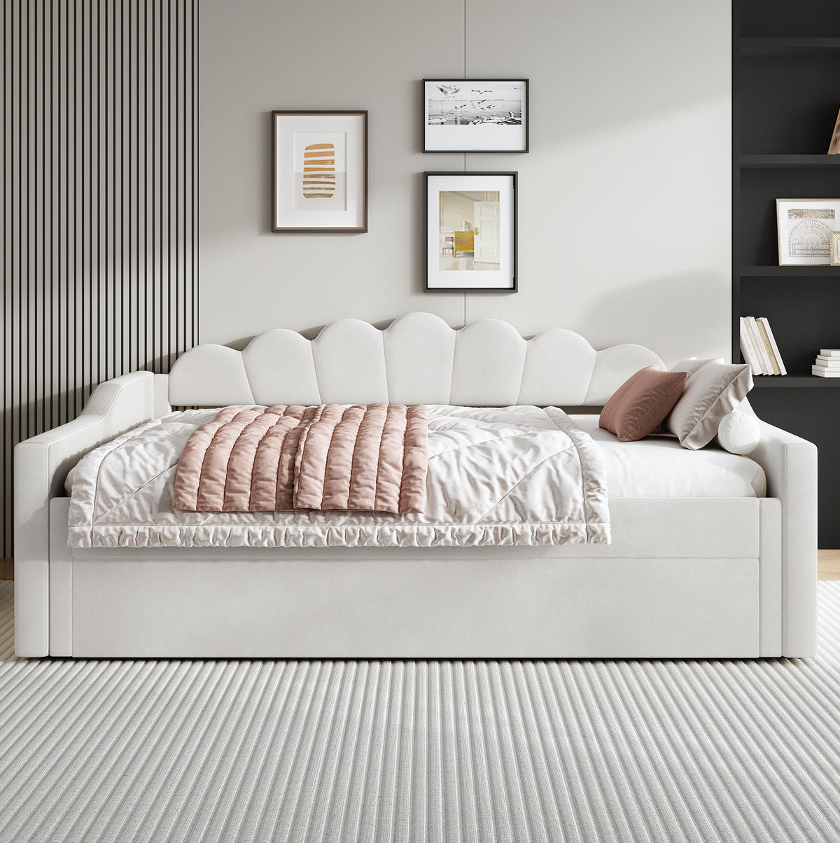 TAGESBETT 140/200 cm mit LED-Beleuchtung, Ausziehbett und Leinenbezug, Beige - Beige, Holzwerkstoff (140/200cm) - Redom