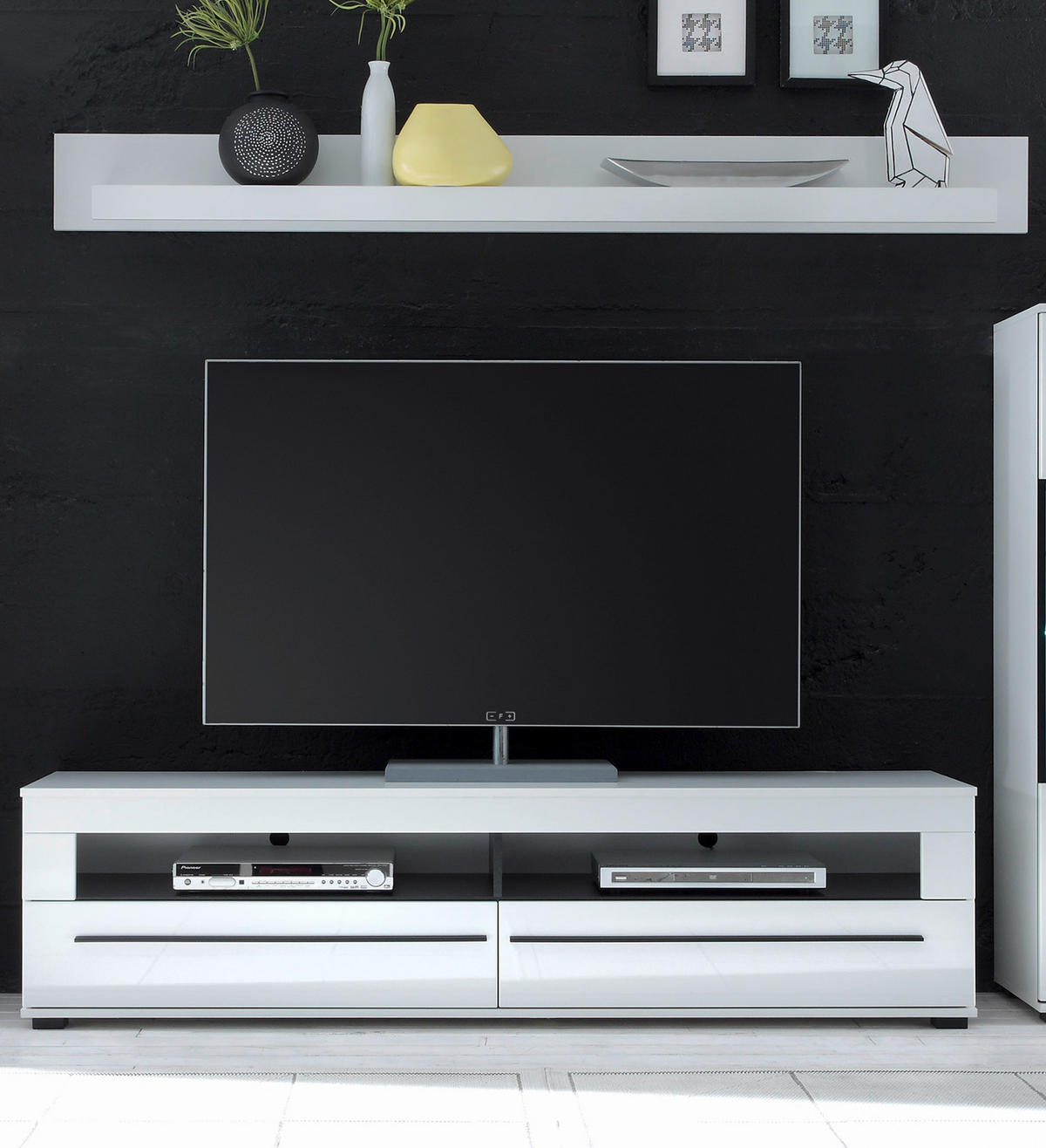 TV-LOWBOARD weiß Hochglanz 180 cm, TV Unterschrank mit Soft-Close - Weiß Hochglanz/Schwarz, Holzwerkstoff/Kunststoff (180/47/42cm) - Furn.Design