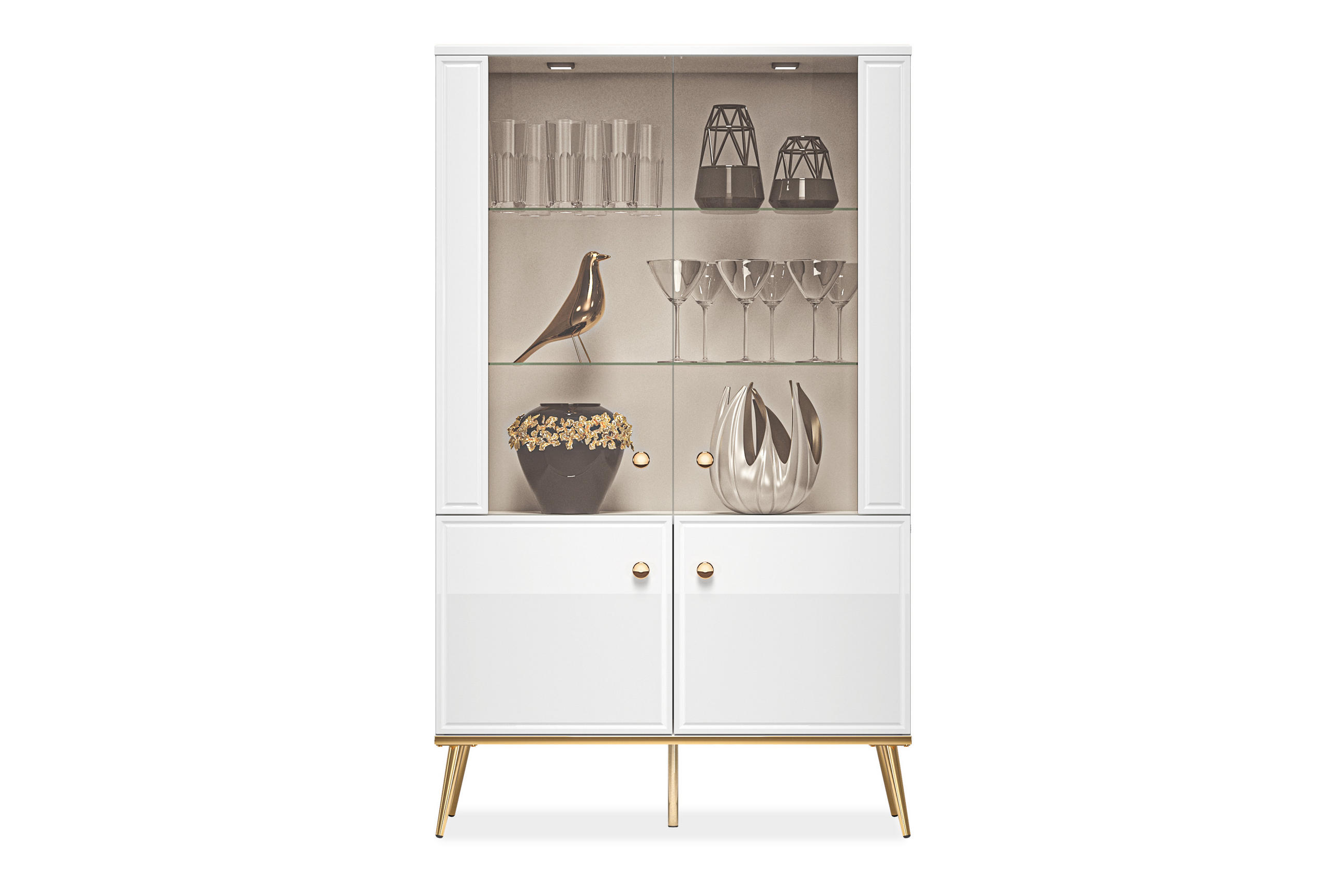 VITRINENSCHRANK ISORIA mit Beleuchtung, Glas Weiß - Goldfarben/Weiß, Holz/Metall (92/152/40cm) - KONSIMO®