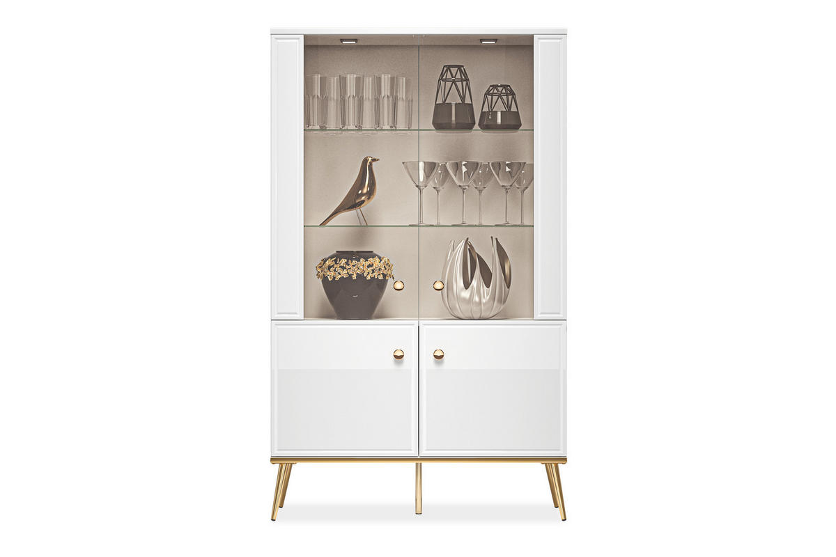 VITRINENSCHRANK ISORIA mit Beleuchtung, Glas Weiß - Goldfarben/Weiß, Holz/Metall (92/152/40cm) - KONSIMO®