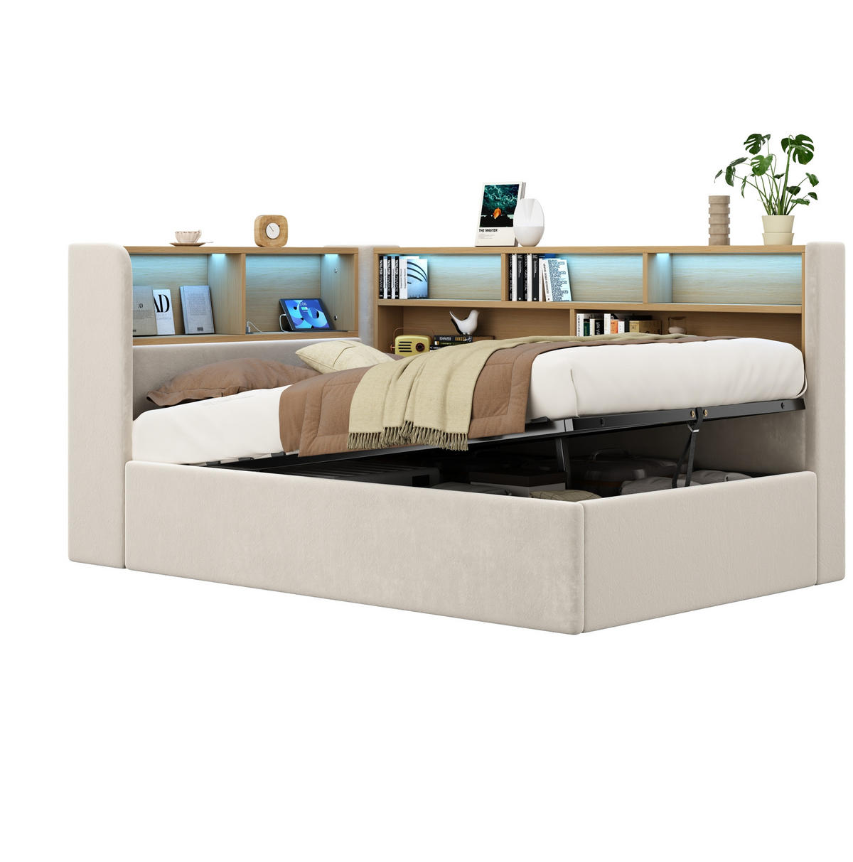 DENNÁ posteľ 90/200 cm béžová zo zamatu s hydraulickým úložným priestorom, LED osvetlením a USB nabíjaním - béžová, textil (90/200cm) - OKWISH
