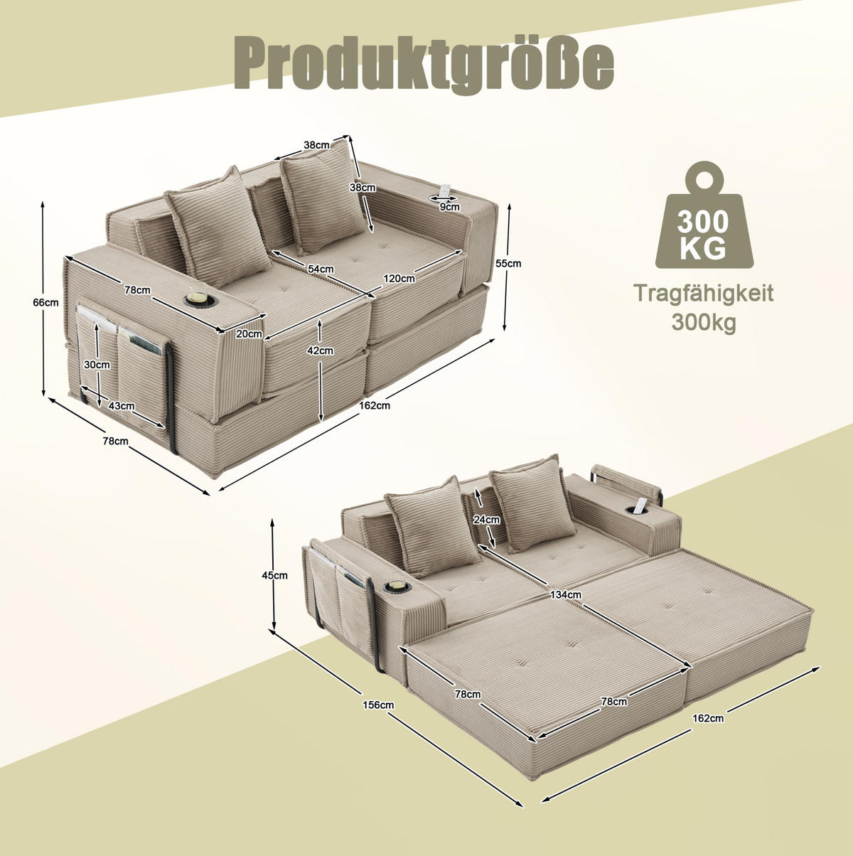 2-SITZER-SOFA aus Cord 162x78x66 cm Khaki mit 2 Kissen und Seitentaschen, modular und familienfreundlich - Beige, Textil (162/66/78cm) - Modfu