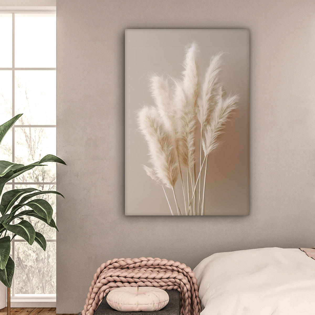 LEINWANDBILD Pampasgras - Federn - Pastell - Weiß Deko Groß 90x140 cm - Naturfarben, Textil (90/140cm) - MuchoWow