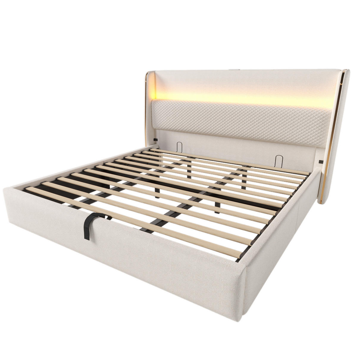 ČALOUNĚNÁ postel 180/200 cm béžová z lnu s LED osvětlením, USB a Type-C, úložným prostorem - béžová, textil (180/200cm) - OKWISH