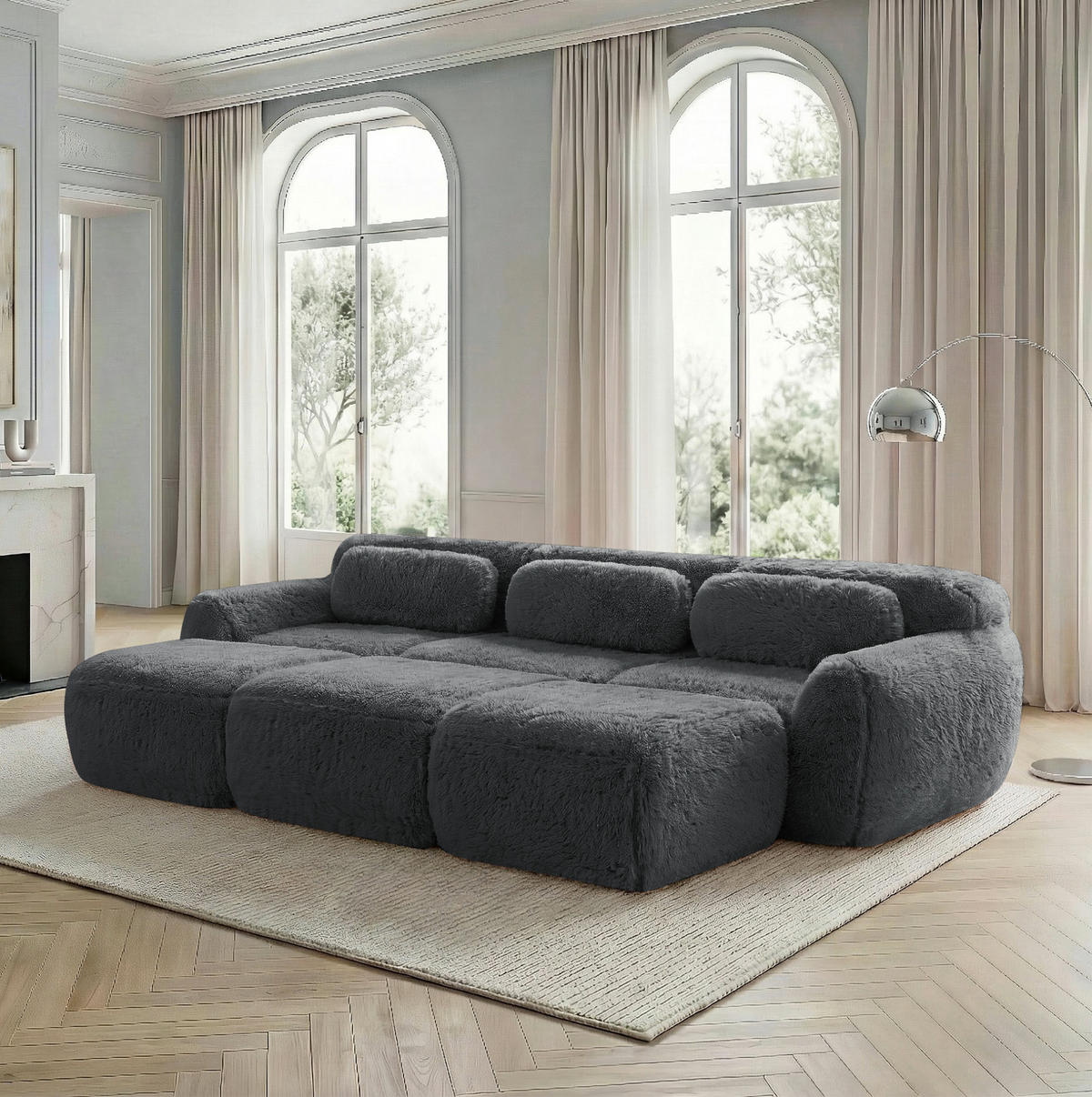 SOFA modular mit 3 Ottomanen Plüsch Grau - Grau, Kunststoff (179/73/291.1cm) - Meubliv