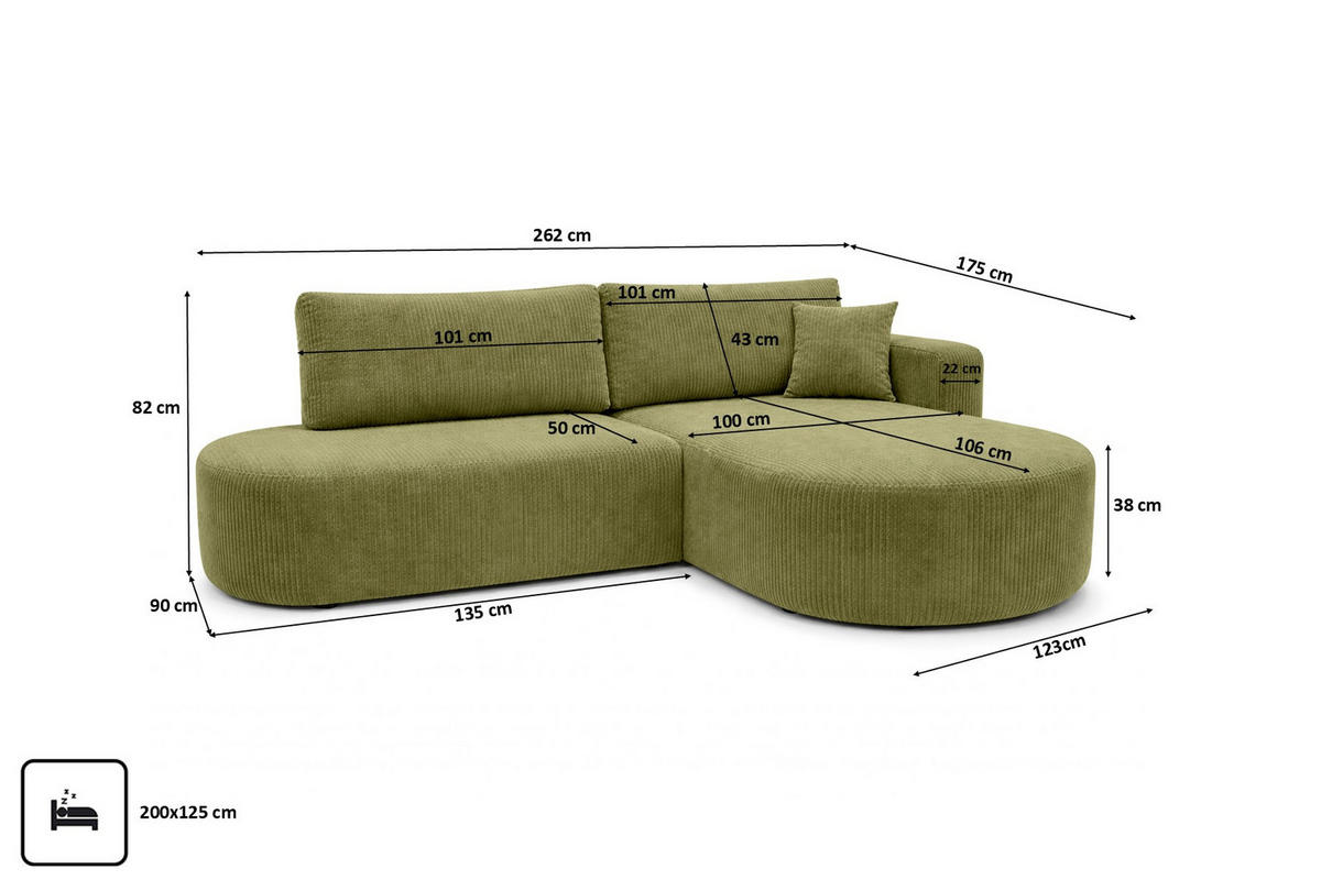 ECKSOFA Mit Schlaffunktion Und Bettkasten, Cordstoff Poso, Olive, Rechts, ROUND ONE OPEN XL - Olivgrün, Holz (262/175cm) - Kaiser Möbel