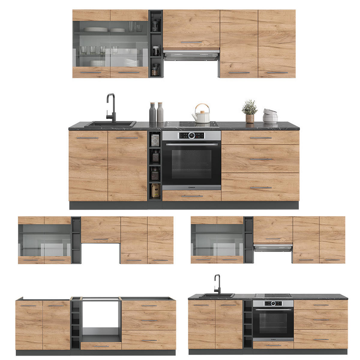 KÜCHENZEILE Fame-Line Goldkraft Eiche/Anthrazit 235 cm ohne AP - Honigeiche/Anthrazit, Holzwerkstoff (235/81.6/46cm) - Vicco