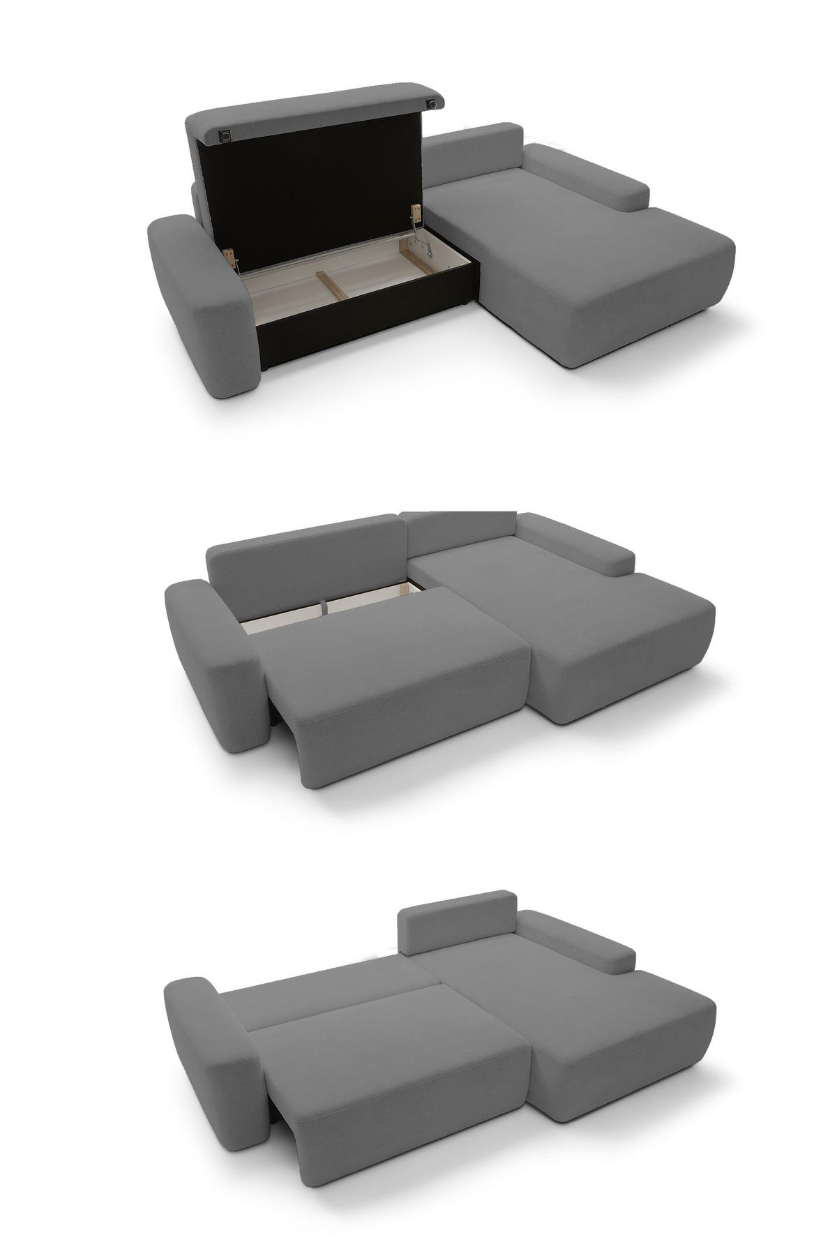 ECKSOFA BOULI 4-Sitzer Polstersofa Raven mit Schlaffunktion 130x210 cm Bettzeugablage 264x162x82 cm rechte, Farbe: Grau​ - Grau, Holz/Textil (264/162cm) - DomoHome