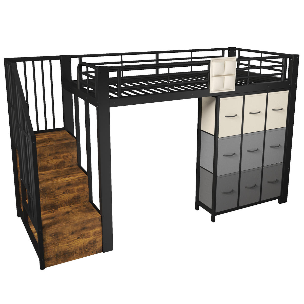 HOCHBETT 90/200 cm in Schwarz mit Schubladen, Kleiderstange und Treppe mit Stauraum - Schwarz, Metall (90/200cm) - STILVORA
