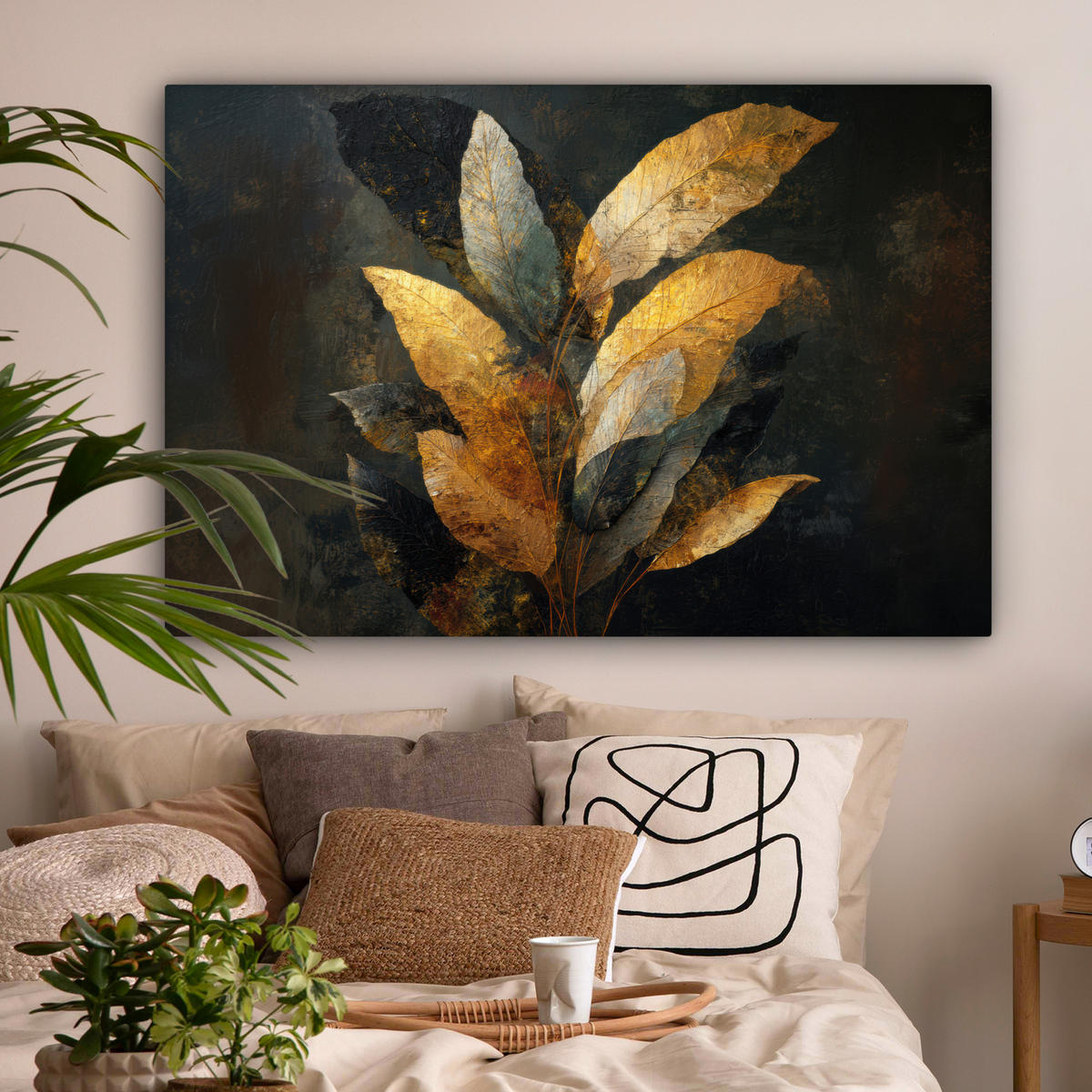 LEINWANDBILD Golden Leaf Komposition - Botanical Luxury Groß 140x90 cm - Goldfarben/Schwarz, Textil (140/90cm) - MuchoWow