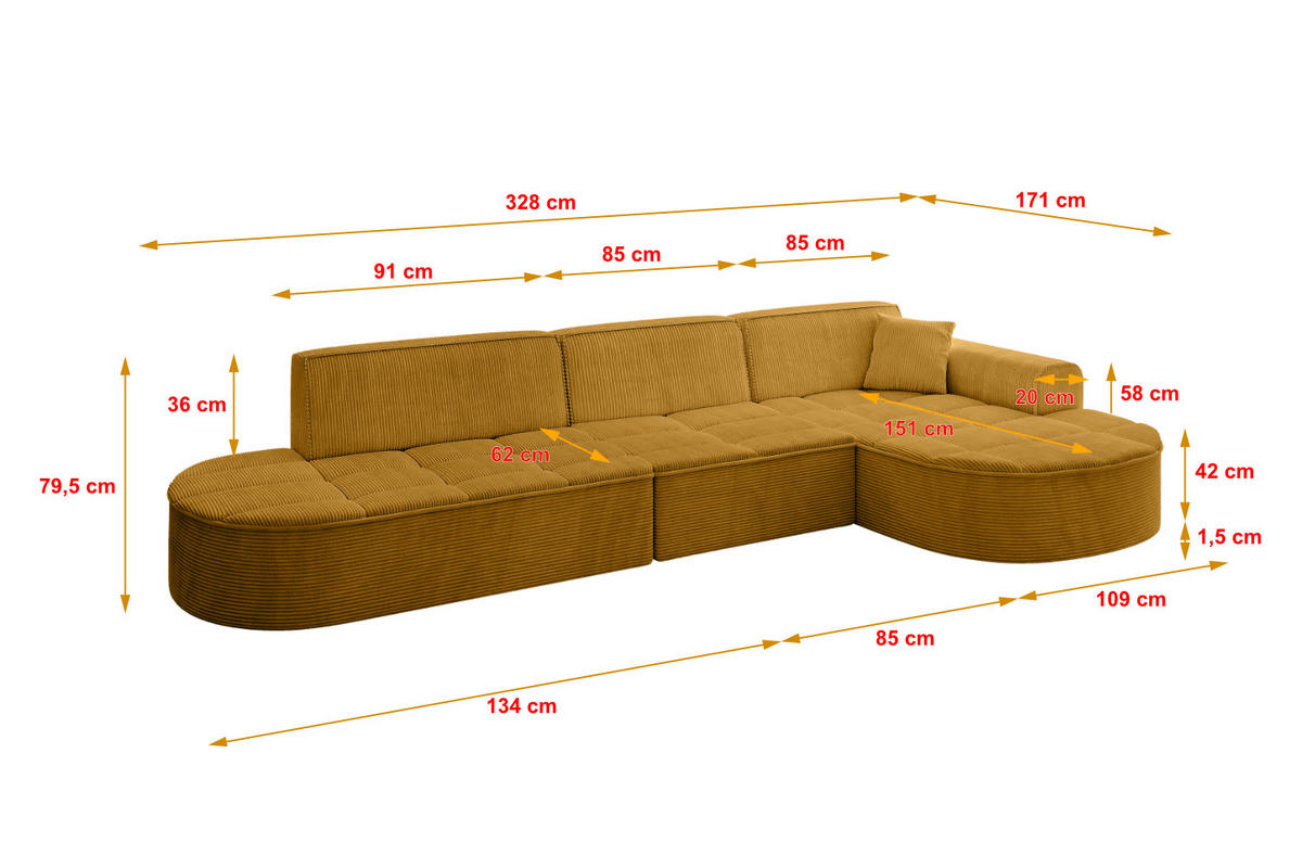 ECKSOFA Ottomane Rechts TARO-L2 - 328x171x79,5 cm Senfgelb - Currygelb/Gelb, Holzwerkstoff/Textil (328/171cm) - ALTDECOR