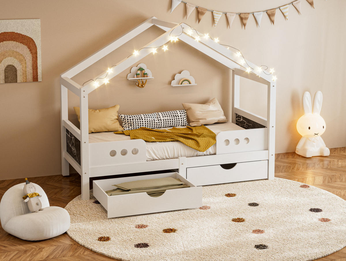 HAUSBETT mit Dachdesign 90/200 cm weiß mit 2 großen Schubladen - Weiß, Holz (90/200cm) - OKWISH
