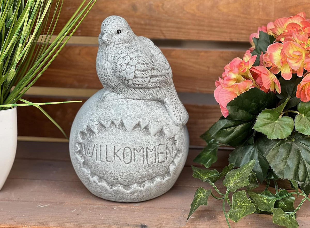 STEINFIGUR Vogel auf Kugel Willkommen frostfest Steinguss - Grau, Stein (15/22/15cm) - stoneandstyle